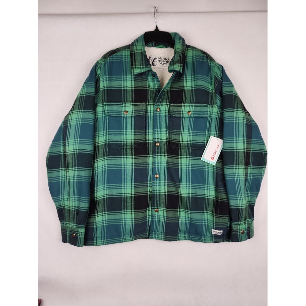 Marmot NWT Ridgefield Sherpa Flannel Shirt Jacket Mens L Green Plaid Button Up